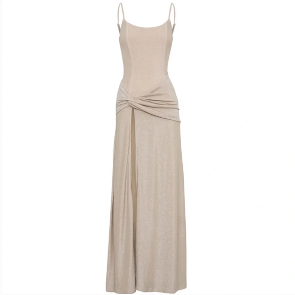NWOT Meshki Celene Shimmer Corset Twisted Maxi Dress - Champagne - Picture 2 of 5